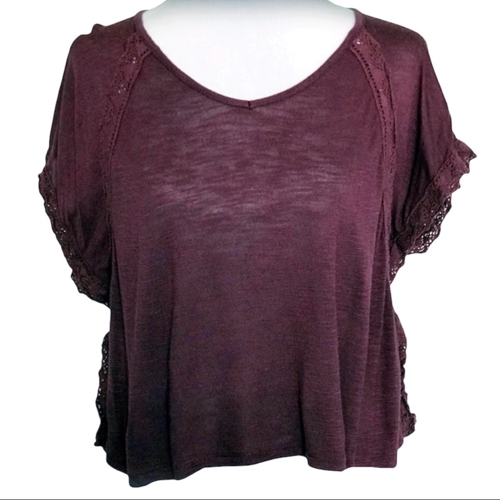 Love On A Hanger Burgundy Purple Cap Sleeve Lightweight Burnout Top Size XS